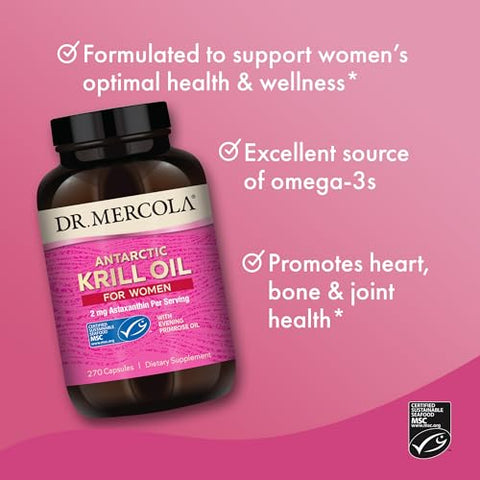 Óleo de Krill Dr. Mercola para Mulheres, 90 Porções (270 Cápsulas), 2 mg de Astaxantina por Porção, com Óleo de Prímula, Suplemento Alimentar, Suporte Hormonal, Não-OGM, Certificado MSC