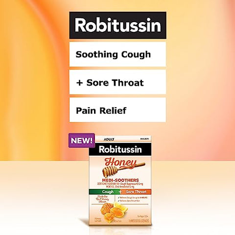 Medi-Soothers Mel e Limão Pastilhas para Garganta, Alívio Duradouro da Tosse e Dor de Garganta – 48 Unidades (3 x Embalagens com 16 Pastilhas) - Robitussin