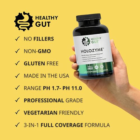 Healthy Gut,LLC - HoloZyme Enzimas Digestivas para um Intestino Saudável | Desfrute Novamente de seus Alimentos Favoritos | com Protease, Amilase, Lipase, Lactase e Mais | 90 Porções