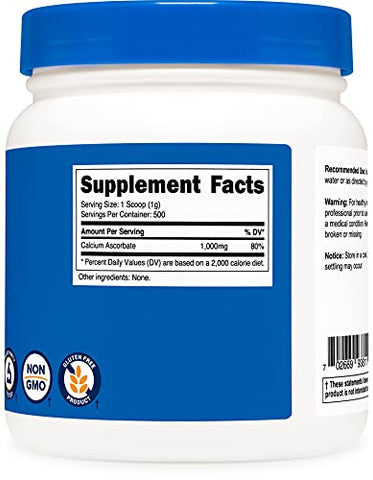 Pó de Ascorbato de Cálcio (Vitamina C e Cálcio), 500g – Livre de Transgênicos e Glúten - Nutricost