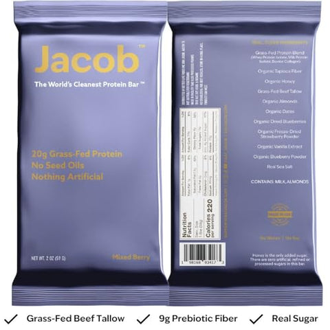 Bar, Barras de Proteína, Frutas Vermelhas (9 Barras no Total) – 20g de Proteína de Pasto, Sem Óleos de Sementes, Sem Ingredientes Artificiais - Jacob