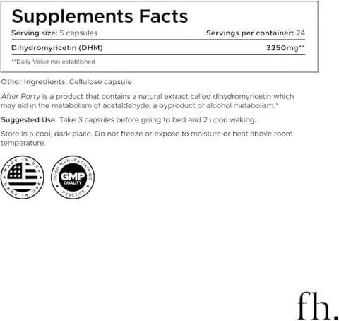 Fuller Health - After Party, Suplemento de Dihidromiricetina | Suporte ao Fígado, Metabolismo, Níveis de Energia, Alívio Pós-Celebração | Sensação de Renovação, 650mg por Cápsula | 1 Frasco, 24 Porções