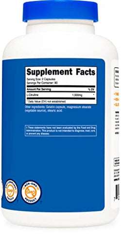 L-Citrulline 1500mg – 180 Cápsulas | 750mg por Cápsula | Sem Glúten | Não-OGM | Embalagem Variável - Nutricost