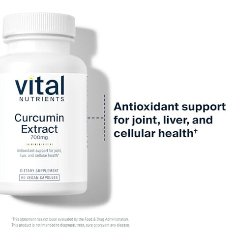 Curcumin Extract 700mg | Suplemento Vegano de Curcumina com Extrato de Pimenta Preta | Suporte Antioxidante para Articulações, Fígado e Saúde Celular | Livre de Glúten, Laticínios, Soja - Vital Nutrients