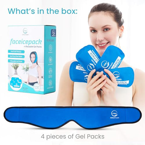 AllSett Health - Envoltório de Gelo Facial para Alívio de ATM, Dentes do Siso, Mandíbula, Cabeça e Queixo, 4 Pacotes de Gel Reutilizáveis Quente e Frio, Alívio da Dor para Cirurgia Bucal, Oral e Facial