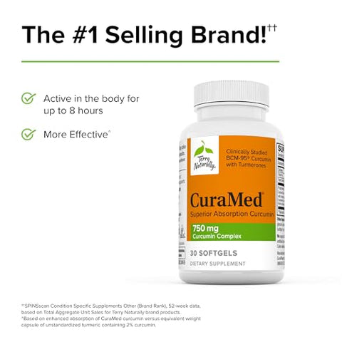 CuraMed 750 mg Complexo de Curcumina – 30 Softgels – Absorção Superior BCM-95 – Não-OGM, Sem Glúten, Halal – 30 Porções - Terry Naturally