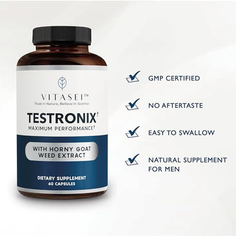 VITASEI - Testronix – Suplemento de Desempenho para Homens – Energia e Suplementos Musculares para a Saúde Masculina – 60 Cápsulas