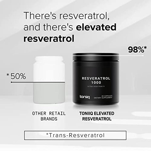 Toniiq - Resveratrol 1000mg Ultra Potente Testado por Terceiros – 98% Puro, Altamente Purificado e Bioativo – Extrato de Raiz de Polygonum Resveratrol – 60 Cápsulas