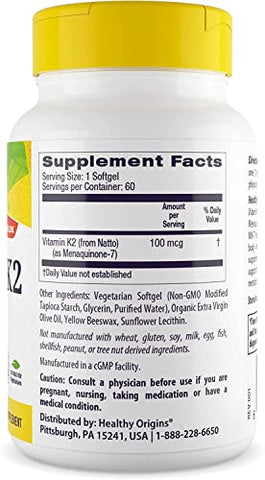 Vitamina K2 como MK-7 da Healthy Origins, 100 mcg – Vitaminas K2 para a saúde do coração e dos ossos