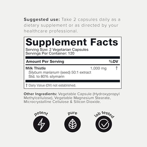 Extrato de Cardo de Leite Concentrado 50x 50.000mg – 1000mg por Porção – 80% Silimarina – Cápsulas de Suplemento de Cardo de Leite Bioativo – 240 cápsulas - Toniiq