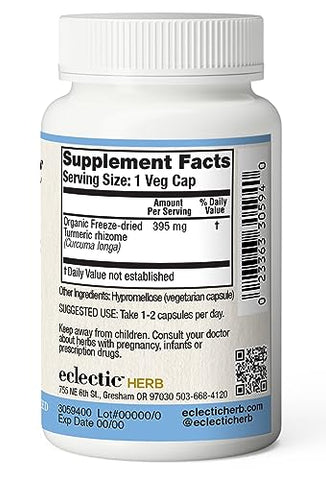 ECLECTIC INSTITUTE - Eclectic Institute – Cúrcuma Crua Liofilizada | Cultivada nos EUA | Vegetariana, Não-OGM, Sem Glúten | 90 CT (395 mg)