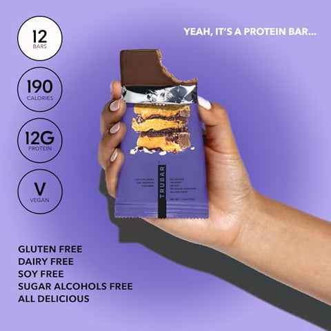 Barra de Proteína Vegana, Smother Fudger Manteiga de Amendoim, Sem Glúten, Proteína à Base de Plantas, Sem Laticínios, Não Transgênico, Sem Soja, Sem Álcoois Açucarados, 12g de Proteína, 12g de Fibra, Saudável e Delicioso - TRUBAR