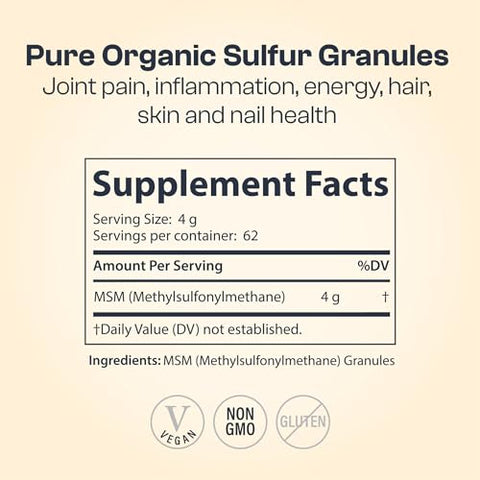 Sulfur Orgânico Puro | Grânulos de MSM 99% Puros para Dor nas Articulações, Inflamação, Energia, Cabelo, Pele e Unhas | Não-OGM, Vegano, Sem Glúten (62 Porções) 2g - My Vida Origins