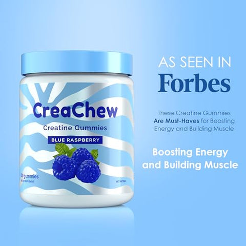 CreaChew - Gummies de Creatina Monohidratada Melhorada com 5g, Veganos, Sem Glúten, Não-OGM, Sabor Framboesa Azul – Gummies de Creatina Monohidratada para Homens e Mulheres