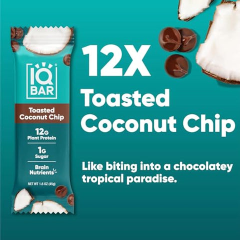 Generic - IQ BAR – Barra de Proteína Vegetal para o Cérebro e o Corpo – Coco Torrado – 12 Unidades, Baixo Carboidrato, Alta Fibra, Sem Glúten, Snacks Veganos – Barras Energéticas com Baixo Teor de Açúcar Keto