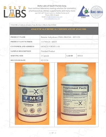 Genex Formulas - GENEX 1000mg TMG – 120 Cápsulas – Betaina Anidra Trimetilglicina 1000mg – Suplemento para o Fígado – Níveis Saudáveis de Homocisteína – Livre de Glúten
