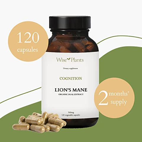 Wise Plants - Suplemento de Cogumelo do Leão – Extrato Duplo, Corpo Frutífero Puro, 30% Polissacarídeos – 500 mg, 120 cápsulas vegetais (Fornecimento de 60 dias). Suporte para Função Cerebral e Digestão Saudável