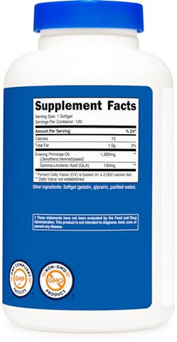Óleo de Prímula Nutricost 1.300mg, 120 Softgels – Prensado a Frio, Não-OGM, Sem Glúten, 120 Porções