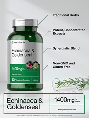 Cápsulas de Equinácea e Hydrastis | 1400mg | 300 Unidades | Vegetariano, Não-OGM, Livre de Glúten | Extrato de Suplemento - Horbäach