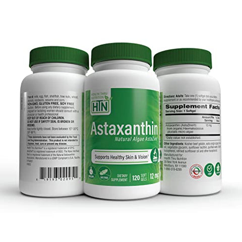 Health Thru Nutrition - Astaxantina Triplo Forte 12mg 120 Softgels | AstaZine de Algas Cultivadas Organicamente em Água Pura do Himalaia | Suporte para Pele e Visão | Não-OGM | Saúde Através da Nutrição