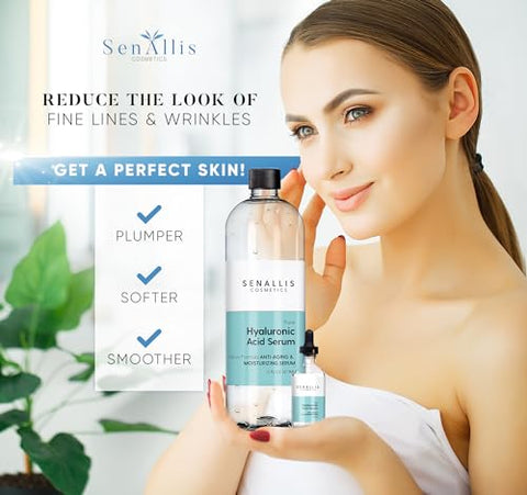 SenAllis Cosmetics - Soro de Ácido Hialurônico 473 ml e 59 ml, Puro Anti-Envelhecimento/Redutor de Rugas, Hidratante Ultra Hidratante que Reduz a Pele Seca, Fabricado nos EUA