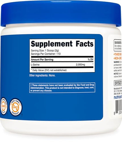 L-Serine em Pó, 113 Porções (227g) – 2.000 MG por Porção – Livre de Transgênicos, Sem Glúten - Nutricost