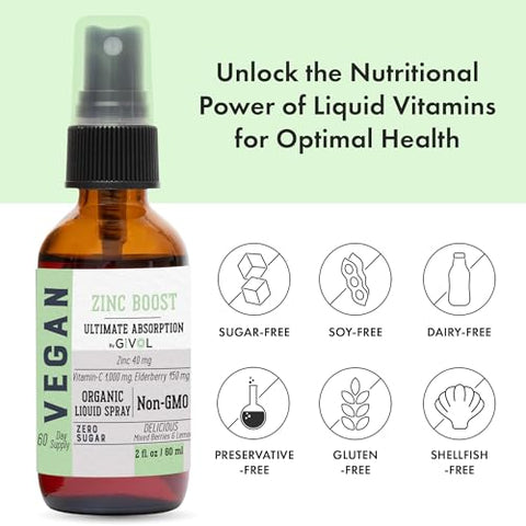 GIVOL - Mistura de ZINCO Orgânico 100 mg (Extra Forte) – Sem Açúcar com VIT C e Extrato de Sabugueiro – Spray Líquido Vegano para Crianças e Adultos – Absorção Fácil – Não-OGM – (60 ml) 60 g