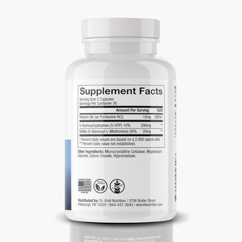 200 MG 5-HTP Plus com SAM-e para Manter um Sono Normal e Saudável e Criar uma Sensação de Bem-Estar – Cápsulas Veganas de 60 Unidades com 5HTP, Vitamina B6 e 30 Porções - DR. EMIL NUTRITION