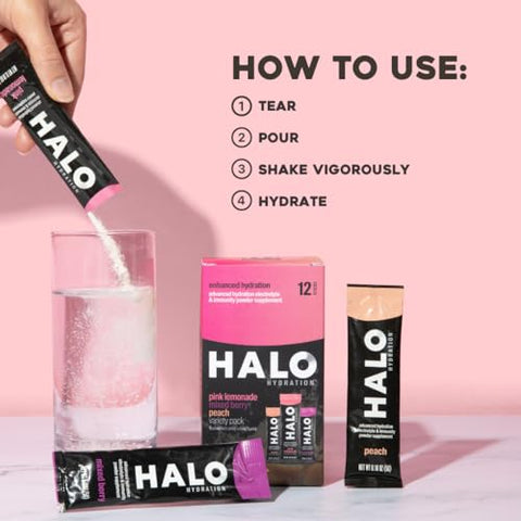 HALO Sport - HALO Hydration – Mistura de Bebida Eletrolítica | Sachês de Pó para Hidratação | Pack Variado (Limão Rosa, Pêssego, Frutas Vermelhas) – Para Esportes e Ciclismo | Embalagem Individual de Fácil Abertura | 12 Sachês
