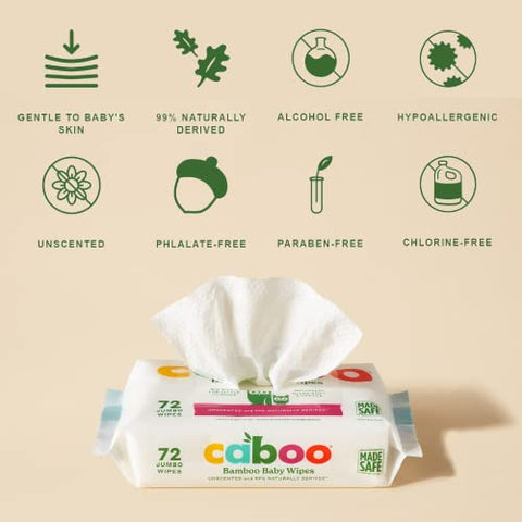 Lenços Umedecidos para Bebês, 216 Unidades, Sem Perfume, Eco-Friendly, Feitos com Viscose de Bambu, Livres de Produtos Químicos Agressivos, Fórmula para Pele Sensível à Base de Plantas, Certificados BRC, FSC, FDA e ISO - Caboo
