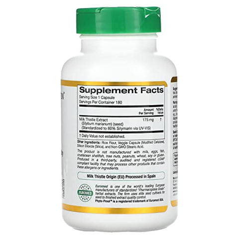 California Gold Nutrition - Extrato de Cardo Mariano, Suporte à Saúde do Fígado, Padronizado para 80% de Flavonoides de Silimarina, 175 mg, 180 Cápsulas Vegetarianas