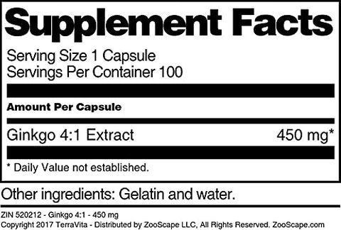 Terravita - Ginkgo 4:1 – 450 mg (100 Cápsulas) – 2 Pacotes | Ginkgo Biloba 4:1 Concentrado | Saúde Cerebral | Memória e Concentração | Antioxidante Natural