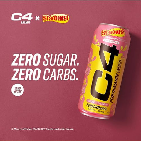 Cellucor - C4 Performance Energy Drink, STARBURST™ Morango, Bebida Pré-Treino Gaseificada Sem Açúcar e Corantes Artificiais (Pack com 12 unidades de 473 ml)