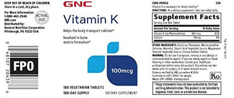 Vitamina K 100mcg, 180 Comprimidos, Auxilia o Transporte de Cálcio pelo Corpo - GNC