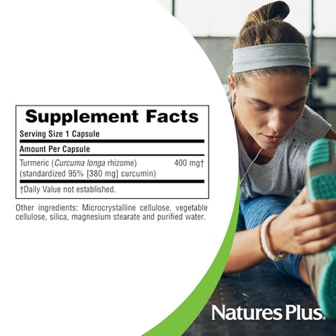 Herbal Actives Turmeric – 400 mg, 95% Curcumin, 60 Cápsulas Veganas – Vegetariano, Sem Glúten – 60 Porções - Natures Plus