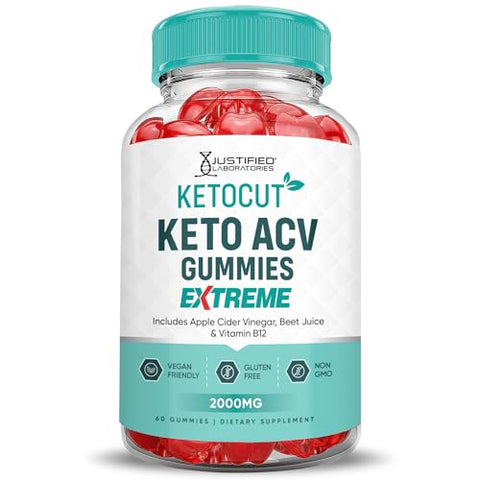 Justified Laboratories - (2 Pacotes) Gomas Ketocut Keto ACV Extreme 2000MG Keto Cut Gomas Keto Vinagre de Maçã Formulado com Suco de Romã em Pó B12 Vegano Não GMO 120 Gomas