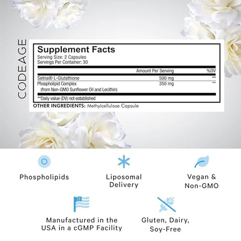 Liposomal Glutationa – Suplemento Puro de Setria L-Glutathione Reduzida, Entrega Lipossomal, Complexo de Fosfolipídeos – Cápsulas de Pó de Glutationa Encapsulada – Vegano, Não-OGM – 60g - Codeage