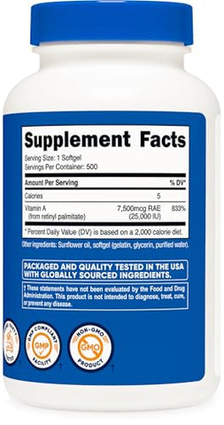 Vitamina A 25000 UI, 500 Softgels, Sem OGM, Livre de Glúten – Compre Agora! - Nutricost