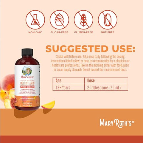 MaryRuth Organics - MaryRuth’s Lustriva® Hair Growth Liquid Multivitamin | Biotin 10000mcg | Vitamina D | Vitaminas do Complexo B | Testado Clinicamente para Cabelos Mais Espessos, Rugas, Linhas Finas, Cuidados com a Pele |