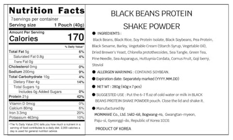 MOMMAKE - Pó de Shake de Proteína de Feijão Preto 280g – 21g de Proteína Vegetal de Gergelim Preto