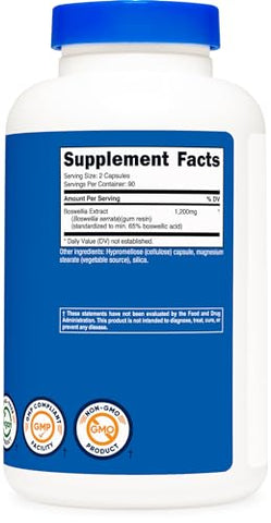 Extrato de Boswellia 65% Ácido Boswélico Cápsulas (1.200 MG) (180 CAPS) – Livre de Glúten, Não-OGM, Vegetariano - Nutricost