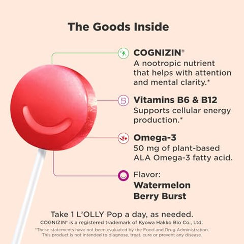 Focus Buddies L’OLLY Pops – Lollipops de Omega-3 ALA, B6, B12, Cognizin® para Atenção Concentrada – 30g - OLLY