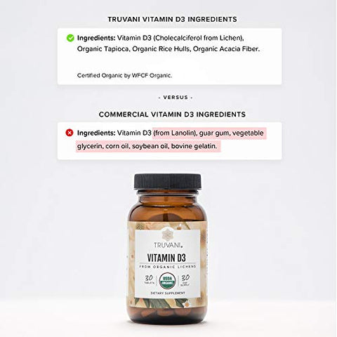 Vitamina D3 Orgânica – Baseada em Plantas, Certificada USDA Orgânica, Livre de Glúten, Não-OGM, Suplemento Vegano D3 – Suporta os Ossos, Imunidade - Truvani