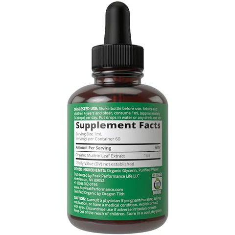Peak Performance - Gotas de Folha de Verbasco Orgânico do USDA para Pulmões, Saúde Respiratória, Desintoxicação e Limpeza. Alta Bioacessibilidade para Mulheres, Homens e Crianças. Tintura Líquida. Alívio para Pulmões, Tosse