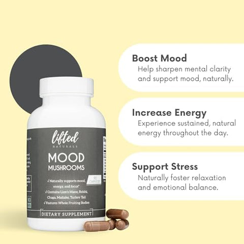 Lifted Naturals - Mood Mushrooms – Suplemento de Cogumelos Elevados – Cogumelo do Leão, Reishi, Chaga, Cauda de Peru, Maitake – Energia, Foco, Alívio do Estresse – Marca Mood Mushrooms