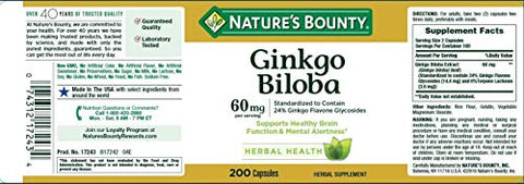 Nature's Bounty - Nature’s Bounty Ginkgo Biloba 60mg Cápsulas, 200 Unidades (Pacote com 2) – Melhora a Memória e Concentração