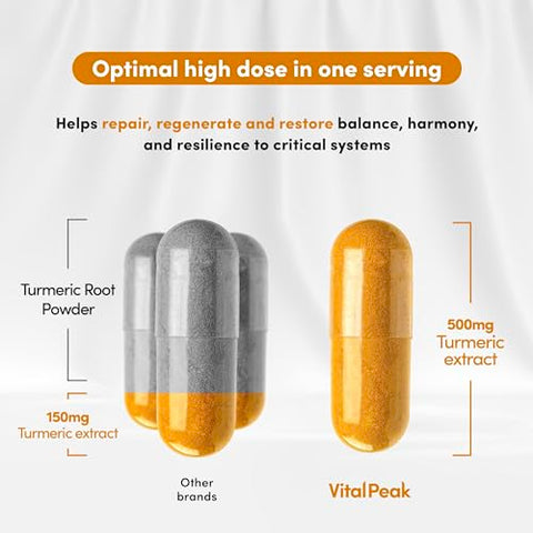 Vital Peak - Cúrcuma Curcumina com Pimenta Preta – Extrato de Curcumina 500mg com 95% de Curcuminoides | Suplemento Herbal de Cúrcuma Curcumina com Pimenta Preta – Suplemento de Curcuminoides – 60 Cápsulas