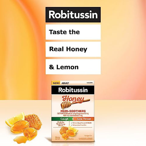 Medi-Soothers Mel e Limão Pastilhas para Garganta, Alívio Duradouro da Tosse e Dor de Garganta – 48 Unidades (3 x Embalagens com 16 Pastilhas) - Robitussin