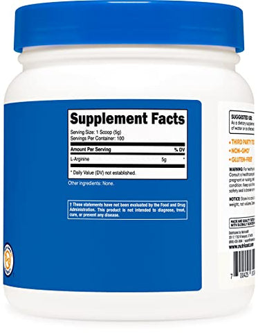 L-Arginine em Pó 500g – Puro em L-Arginine – 5000mg por Porção; 100 Porções - Nutricost