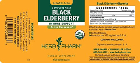 Extrato Líquido de Sabugueiro Preto Orgânico Certificado para Suporte ao Sistema Imunológico, Glicerina Sem Álcool, 120 ml - Herb Pharm